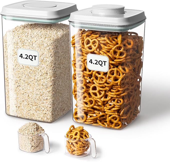 Ankou Airtight Food Storage Container with Pop Lid & 130ml Scoop, 4L/4.2qt *2 BPA-Free Cereal, Rice, Flour, Pasta & Snack Container, Stackable & Durable,Kitchen Pantry Organizer-CubbioJoy