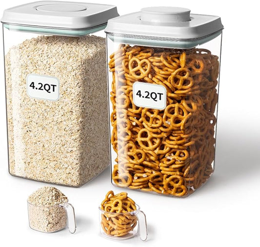 Ankou Airtight Food Storage Container with Pop Lid & 130ml Scoop, 4L/4.2qt *2 BPA-Free Cereal, Rice, Flour, Pasta & Snack Container, Stackable & Durable,Kitchen Pantry Organizer-CubbioJoy