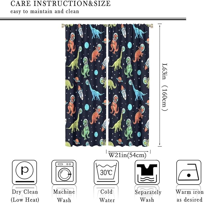 Cartoon Dinosaur Curtains for Kids Boys Girls Home Decor, Astronaut Rocket Funny Outer Space Blackout Rod Pocket Window Drapes for Bedroom Living Room W21xL63in 2 Panels-CubbioJoy