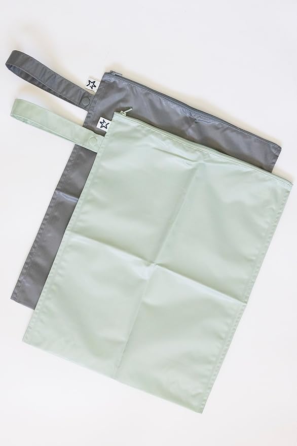 Tiny Twinkle Mess proof Waterproof Wet Dry Bag,2pk Reusable Wet Bags for Swimsuits&Baby Clothes,Leakproof Wet Bag,Waterproof Bag for Travel&Diaper bag,Wet Bags for Baby (Sage, Charcoal)-CubbioJoy