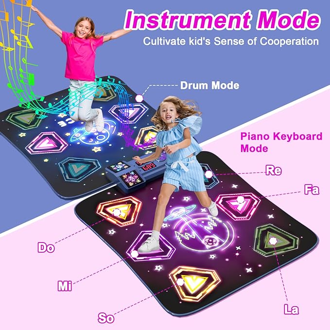 Dance Mat Toys for 3-12 Year Old Girls Boy, 2 Players Dance Mat with Light-up 12 Buttons & 5 Games Mode, Bluetooth Dance Game Toy for Girls 5-7, Xmas Birthday Gifts for 3 4 5 6 7 8 9 10+ Year Old Kids-CubbioJoy