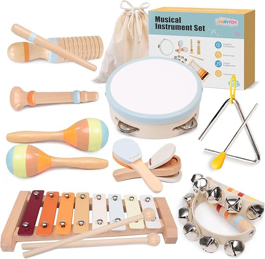 Baby Musical Instruments Set - Montessori Wooden 18 Month Old Baby Musical Toys, Toddler Percussion Instruments Xylophone Maracas Tambourine for Kids, 2 3 4 Year Old Baby Girls Boys Birthday Gifts-CubbioJoy