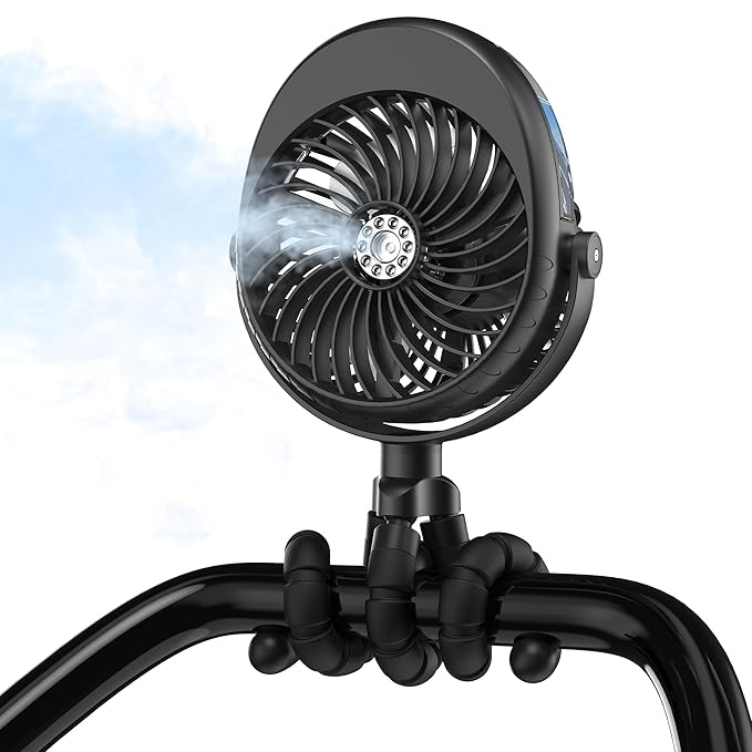 2025 Upgarded 4000mAh Misting Baby Stroller Fan, Rechargeable Battery Operated,Max 15Hrs Cooling,50ml Portable Water Sprayer Misting Fan with Flexible Tripod Clip on Car Seat Crib Treadmill Bunk Bed-CubbioJoy