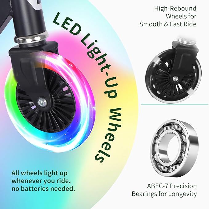 BELEEV V2 Scooters for Kids with Light-Up Wheels & Stem & Deck, 2 Wheel Folding Scooter for Girls Boys, 3 Adjustable Height, Non-Slip Pattern Deck, Lightweight Kick Scooter for Children Ages 3-12-CubbioJoy