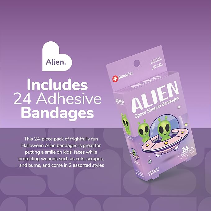 BioSwiss Bandages, Halloween Alien Shaped Self Adhesive Bandage, Latex Free Sterile Wound Care, Fun First Aid Kit Supplies for Kids, 24 Count-CubbioJoy