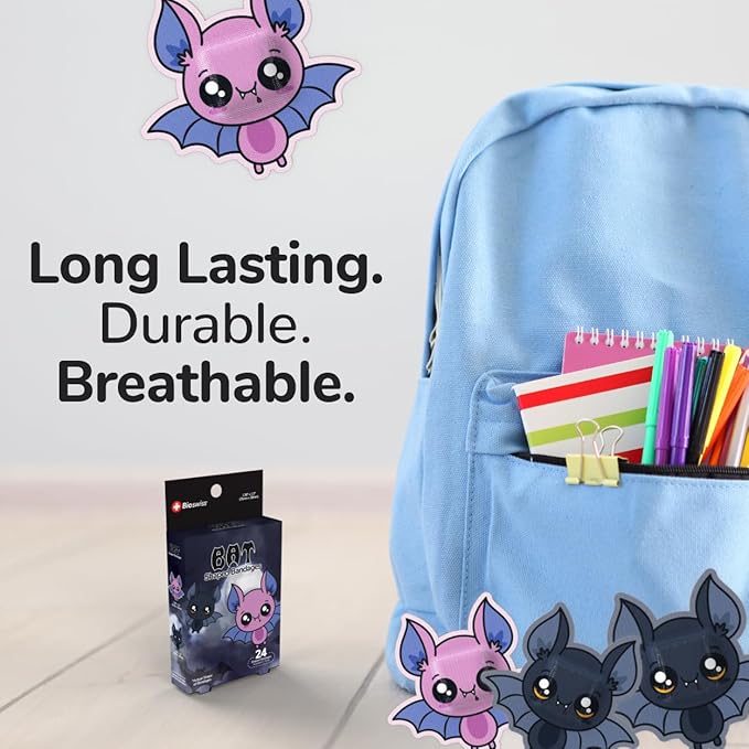 BioSwiss Bandages, Halloween Bat Shaped Self Adhesive Bandage, Latex Free Sterile Wound Care, Fun First Aid Kit Supplies for Kids, 24 Count-CubbioJoy