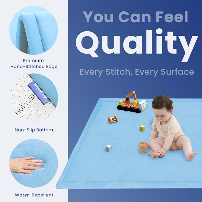 Baby Play Mat for Floor,1.3" Thick Elasti-Foam 50x50 Playpen Mat for Toddlers Infant kids,Water-Repellent Soft Coral Velvet for Tummy Time,Non-Slip Backing for Crawling,Tatami Style(Light Blue)-CubbioJoy