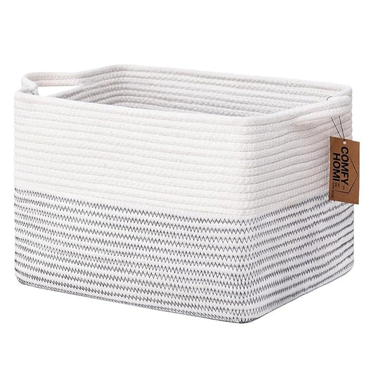 COMFY-HOMI Cotton Rope Woven Basket with Handles for Shelves,Toys,Book, Cloth Storage Baskets Bin for Organizing-13.5"x11"x9.5" Toy Decorative Organizer for Living Room, Bathroom-White/Black Line-CubbioJoy