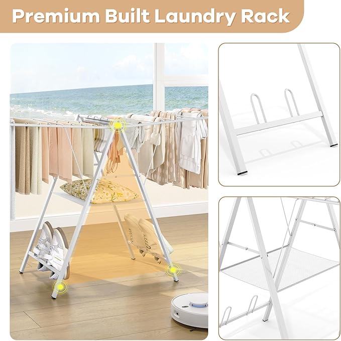 APEXCHASER Drying Rack for Clothing Foldable, Metal Laundry Rack Collapsible, Ultra Thin Gullwing Clothes Airer with Adjustable Height for Towel Baby Clothes Indoor Outdoor Laundry Room, White-CubbioJoy