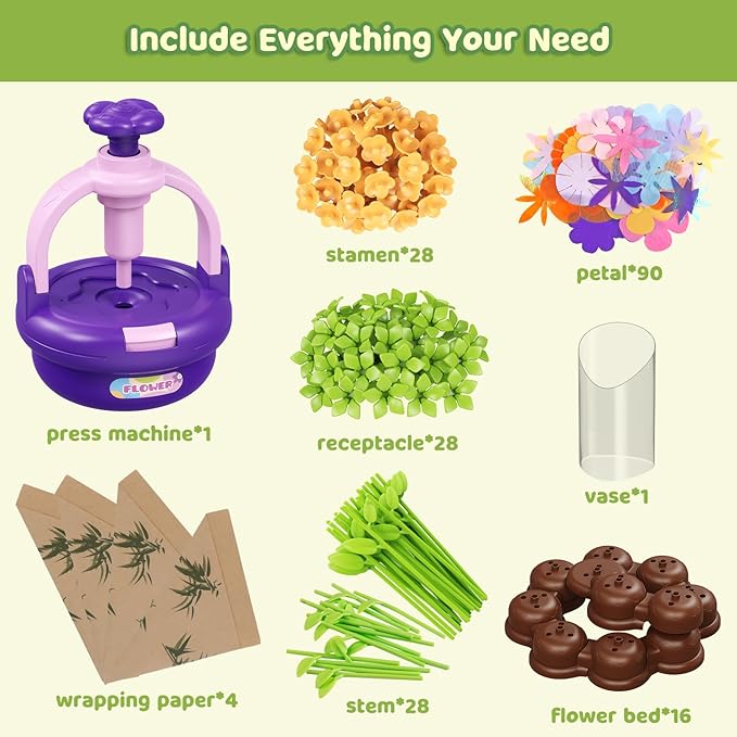 Arts and Crafts Kit for Kids Ages 4-8,Flower Bouquet Toys,DIY Flower Market Toys,Build Your Flower Bouquet,Educational Christmas Birthday Gifts for 3 4 5 6 7 8 9 Year Old Girls-Purple-CubbioJoy