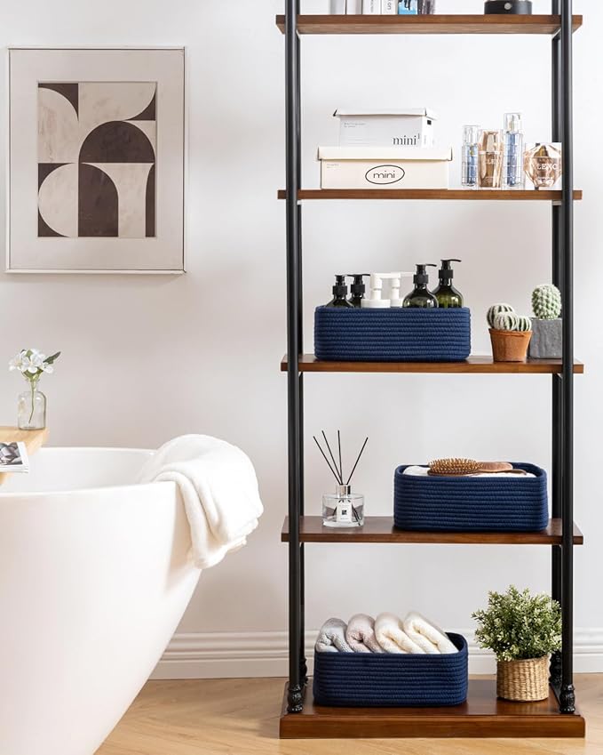 KALLAX Small Woven Basket, 12 x 8 x 4.5 Inches, Storage Basket for Organizing, Cute Small Rope Shelf Closet Cube Storage Bins Baskets for Shelves, Dog Toy Gift Baskets Empty, 3 Packs, Navy Blue-CubbioJoy