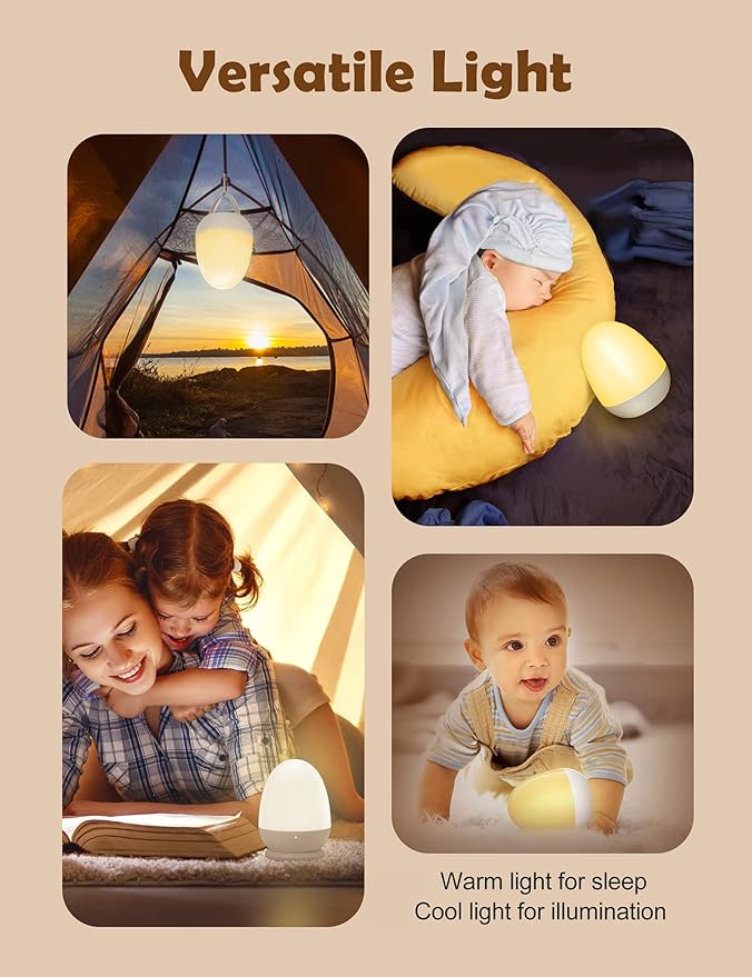 JolyWell Baby Night Light for Kid, Portable Egg Nightlight with Stable Charging Pad, Touch Nursery Night Lamp for Breastfeeding, Toddler Night Light for Bedroom, Timer Setting, ABS+PC, White-2-CubbioJoy