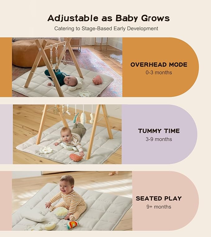 Baby Gym with Mat, Wooden Play Gym with 9 Sensory Toys, Foldable Baby Play GymFrame Activity Center, Natural Pine Wood, Montessori Toys, Easy to Assemble & Clean, Natural Color-CubbioJoy