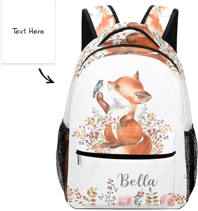 Cute Fox Little Bird Custom Kids Backpack 16.5 Inch for Boy Girl, Personalized Waterproof Child School Travel Bag with Name Option5-CubbioJoy