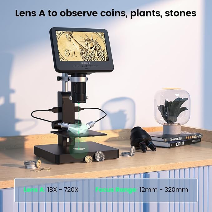 JL246PS 3 Lens 7'' HDMI Digital Microscope 4000X, Biological Microscope for Adults Kids with Prepared Slides, UHD 2160P Video, Full Coin Microscope for Error Coins, Windows Compatible, 32GB-CubbioJoy