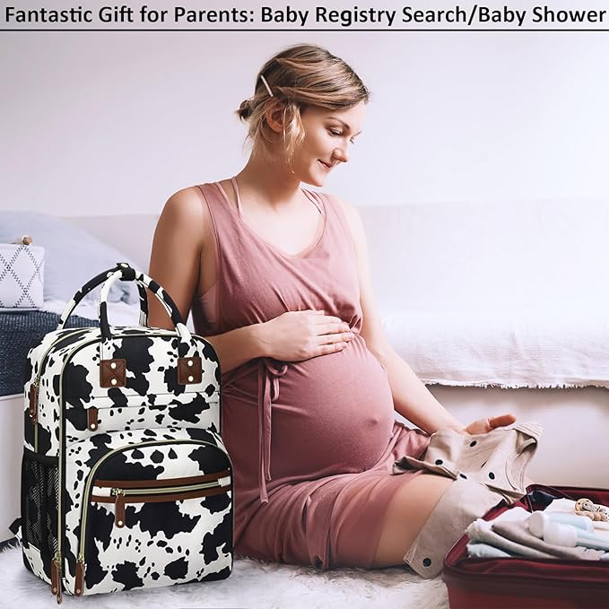 Diaper Bag Backpack for Women with Changing Pad, Baby Bag with Insulated Pockets Multifunctional Diaper Bags For Baby Girl Boy Waterproof Baby Bags For Boys Girls Maternity Bag Cow Print-CubbioJoy