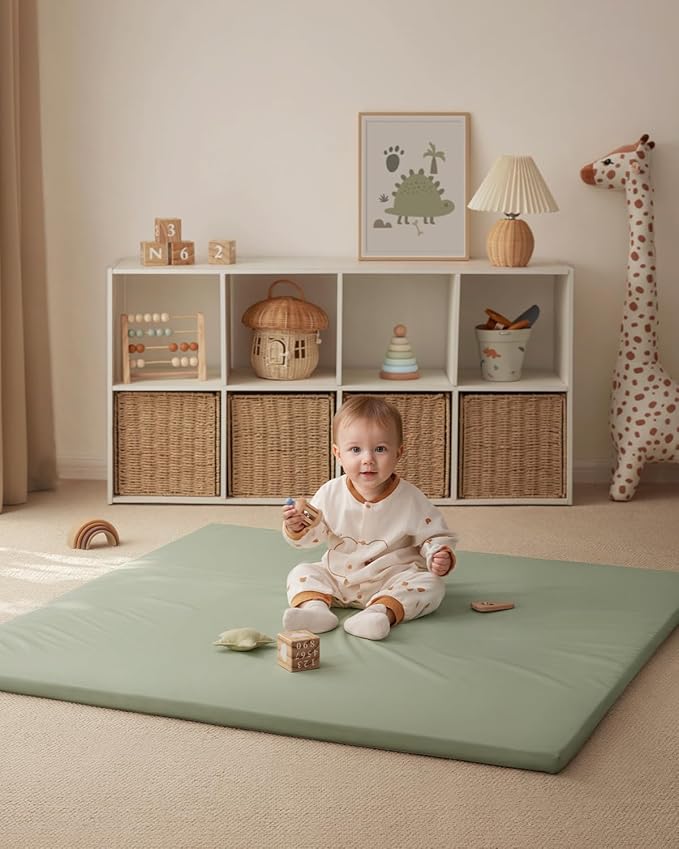 Blissful Diary Vegan Leather Baby Play Mat, 47x47 Thicken Foam Cushioned & Waterproof Playpen Mat for Infants and Toddlers, Stylish and Just Wipe-Clean Playmat for Baby Play on Floor, Light Green-CubbioJoy