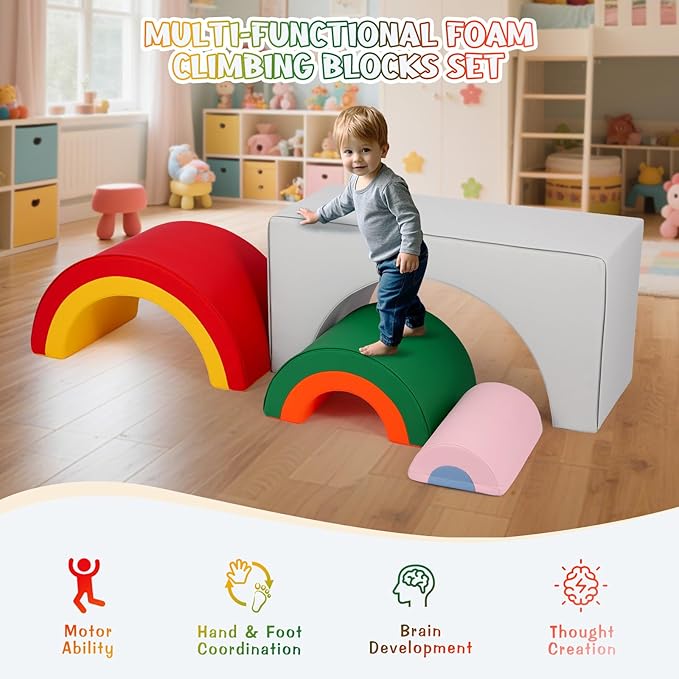 Asweets 4 in 1 Rainbow Foam Climbing Blocks for Toddlers, Indoor Soft Climb and Crawl Play Climbing Toys for Creativity & Imagination, Recognize Color-CubbioJoy
