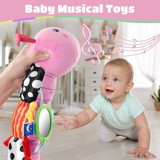 Baby Toys 6-12 Months Music Caterpillar Infant Toys Stuffed Animals 0-3-6 Months Teething Tummy Time Sensory Toys with Mirror Rattle&Pull String for Boys Girls Birthday Gifts|Pink,Knot Limb-CubbioJoy
