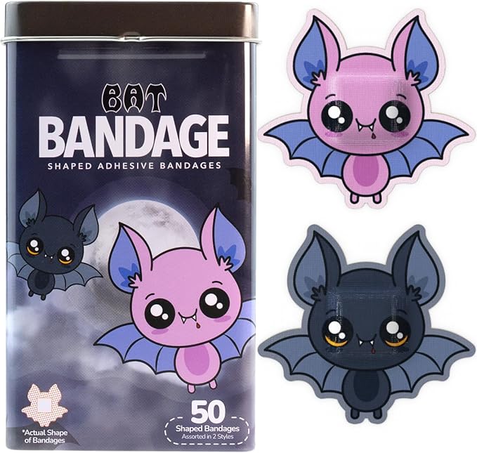 BioSwiss Bandages, Halloween Bat Shaped Self Adhesive Bandage, Latex Free Sterile Wound Care, Fun First Aid Kit Supplies for Kids, 50 Count-CubbioJoy