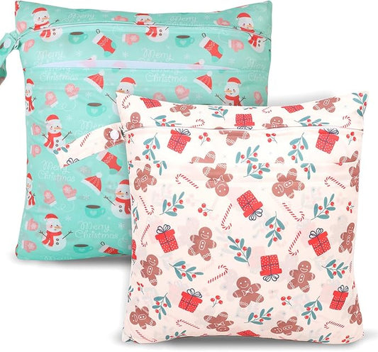 2pcs Cloth Diaper Wet Dry Bags, Waterproof Reusable Wet Bag with 2 Zipper Pockets & Handle, Washable Laundry Bags for Baby Adult Clothes Travel Beach Pool Daycare Yoga Gym Exercise Swimsuits,-CubbioJoy