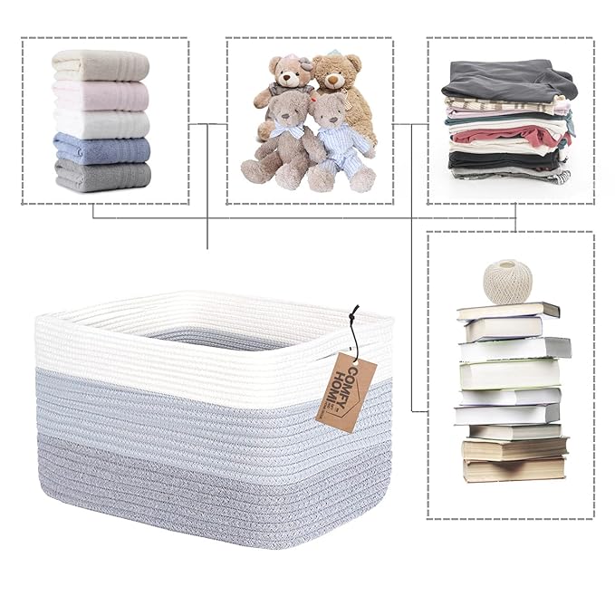 COMFY-HOMI Cotton Rope Woven Basket with Handles for Shelves,Toys,Book, Cloth Storage Baskets Bin for Organizing-13.5"x11"x9.5" Toy Decorative Organizer for Living Room, Bathroom-White/3Tone Grey-CubbioJoy