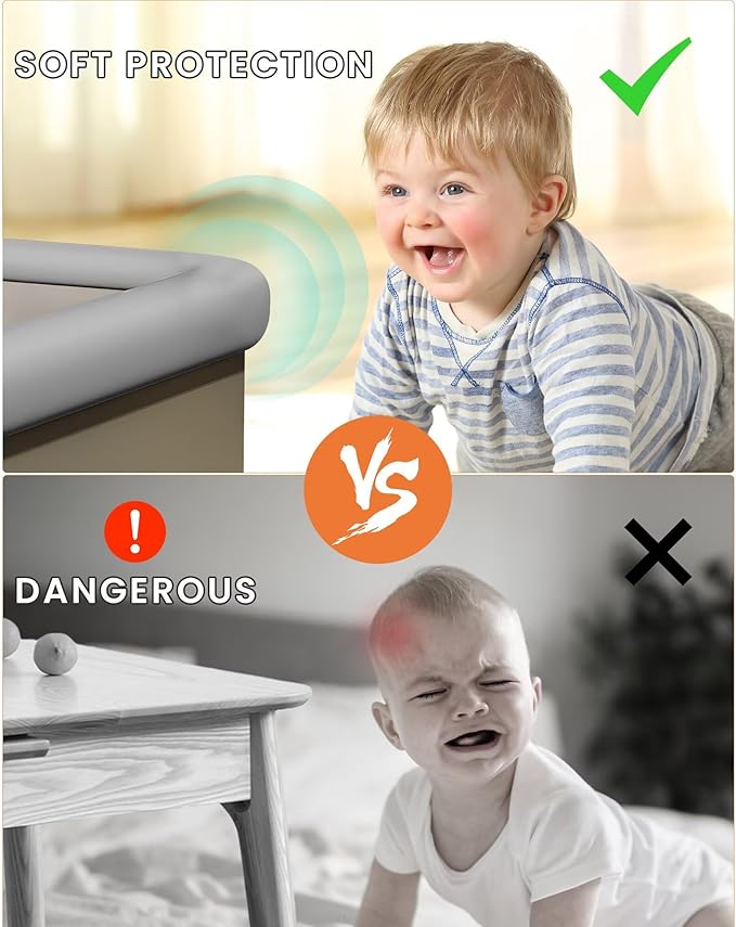 Baby Proof Edge Corner Protector, 6.56FT 0.47''Th L-Shape Furniture Corner & Edge Safety Bumpers with 6 Corners, Pre-Taped, Soft NBR Rubber Foam Desk Edge Cushion Wall Corner Protector（Grey）-CubbioJoy