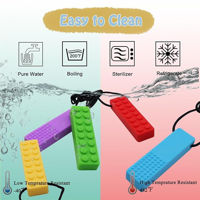Chew Necklaces for Sensory Kids, 5PCS Building Block Silicone Chewy Necklace for Boys and Girls with Autism Biting Chewing, BPA Free Teether Toys for Baby Toddler and Infant Teething-CubbioJoy
