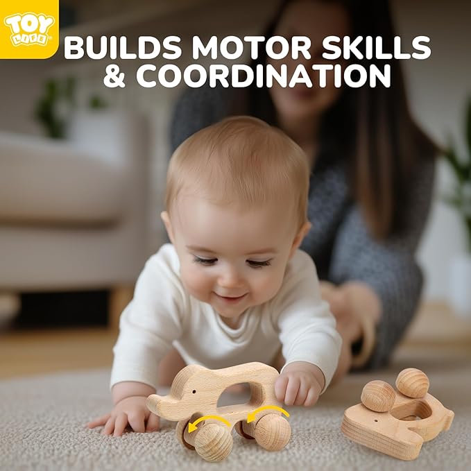 TOY Life Wooden Toys Cars, Montessori Toys for Babies 0-6-12 Months, Babies Bunny Rattle Cars for Toddlers 1-3, Wooden Baby Toys Gift 1 Year Old, Baby Boy Nursery Decor, Elephant & Rabbit Toy Car-CubbioJoy