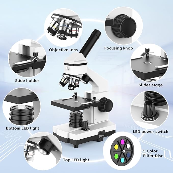 40X-2000X Monocular Microscope for Adults & Kids - Wozel Compound Microscopes for Kids with Dual LED Lights - Professional Biological Microscope with Phone Adapter Slide Set for School Home Education-CubbioJoy
