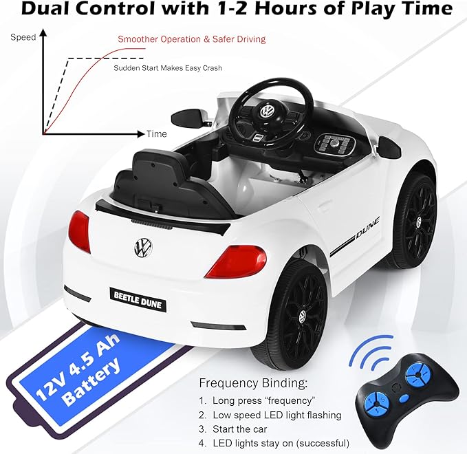 Costzon Ride on Car, 12V Licensed Volkswagen Beetle Battery Powered Vehicle w/Remote Control, Spring Suspension, Lights, USB, Horn, Music, 4 Wheeler for Boy Girl Gift, Electric Car for Kids, White-CubbioJoy