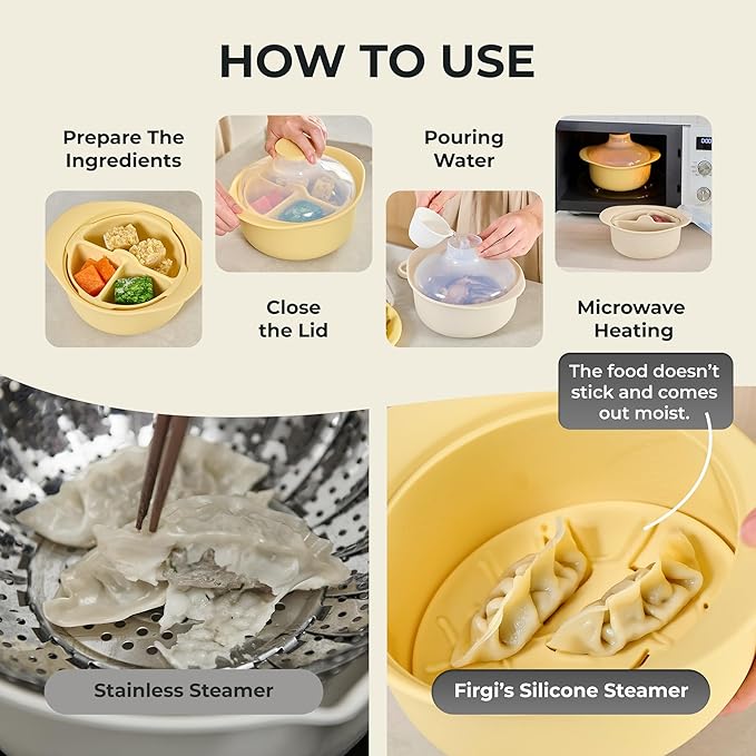 48oz Platinum Silicone 3 Compartmented Microwave Steamer Pot with Handle & Lid - Korean 100% Food-Grade Steamer Bowl, Heat-Resistant Cooker with Steam Holes, Easy Clean, Dishwasher Safe, Yellow-CubbioJoy