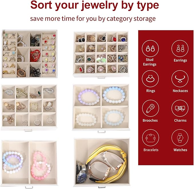 BOOVO Jewelry Box For women, 6 Layer Large Jewelry Organizer With Mirror, Multi-Function Storage Box With Lock, Accessory Holder With 5 Drawers, For Earrings Necklace Ring Bracelet (White)-CubbioJoy