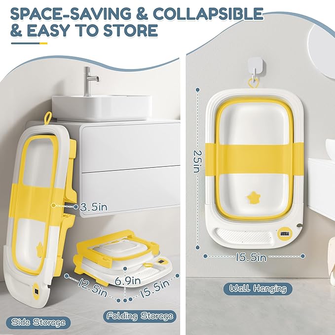 Collapsible Baby Bathtub,Baby Bath Tub with Thermometer & Soft Cushion,Baby Bathtub for Newborn to Toddler 0-36 Months,Portable Travel Baby Tub with No-Slip Feet,Baby Shower Gifts,Yellow-CubbioJoy