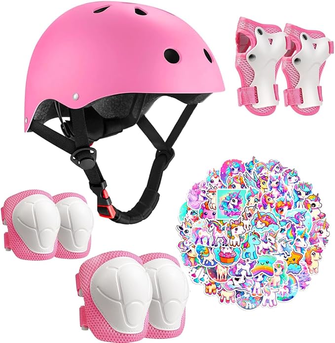 Kids Bike Helmet with Knee Elbow Wrist Pads Guards,Pink,for Ages 2-3-5-8-14,Sports Bicycle,Skate Scooter,Rollerblading with Unicorn Sticker-CubbioJoy