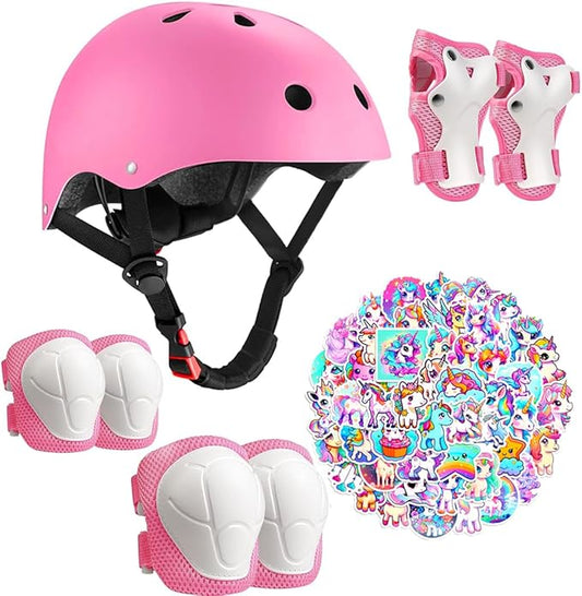 Kids Bike Helmet with Knee Elbow Wrist Pads Guards,Pink,for Ages 2-3-5-8-14,Sports Bicycle,Skate Scooter,Rollerblading with Unicorn Sticker-CubbioJoy