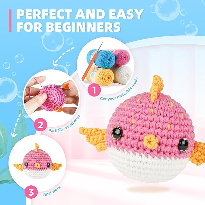 Crochet Kit for Beginners, Learn to Crochet, Include Easy Knitting Soft Yarn, Step-by-Step Video Tutorial, Hook, Holiday Birthday Gift for Adults and Kids(2 Pack Blowfish)-CubbioJoy