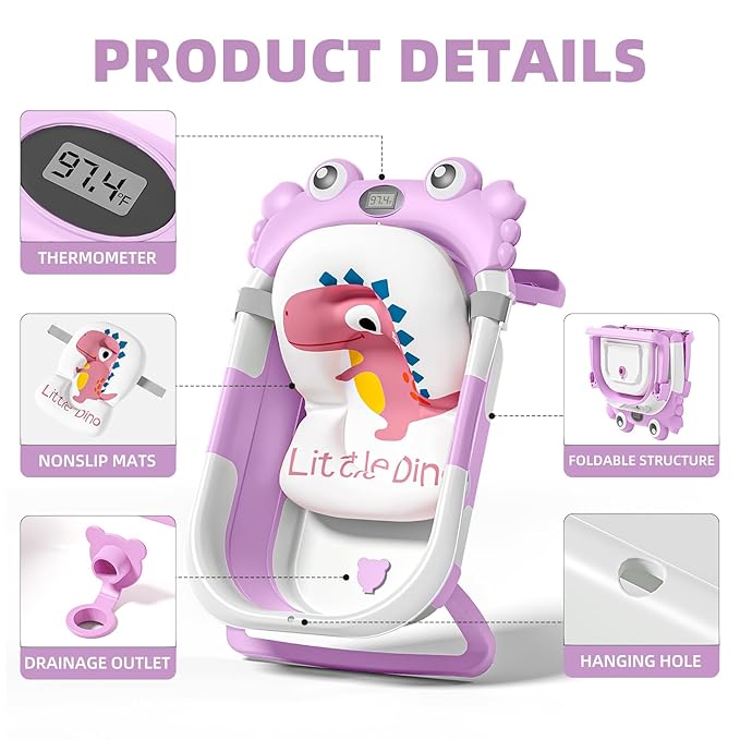 Collapsible Baby Bathtub for Infants to Toddler with Real-time Temp Monitor+Floating Cushion,Foldable Baby Bath Tub Set Applicable 0-36 Month,Portable Travel Bathtub for Newborns Girl (Purple)-CubbioJoy