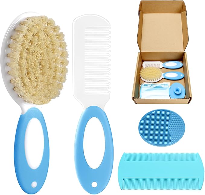 Baby Hair Brush and Comb Set, 4Pcs Baby Soft Bristles Hairbrush Cradle Cap Brush Hair Comb for Newborns Toddlers Boys Girls (Blue)-CubbioJoy