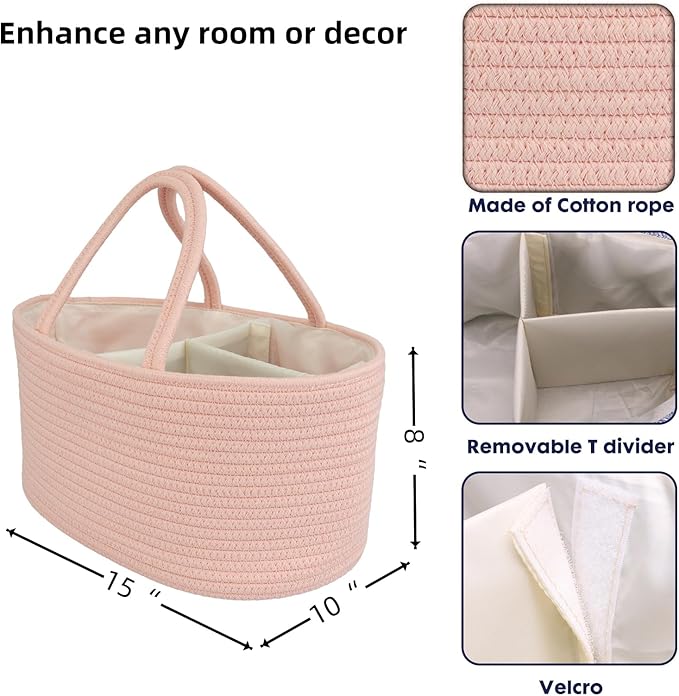Diaper Caddy Organizer Cotton Rope Baby Basket Nursery Storage and Portable Tote Bag for Car Ideal Baby Shower Gifts and Registry Must-Have for Newborn Essentials large coral pink-CubbioJoy