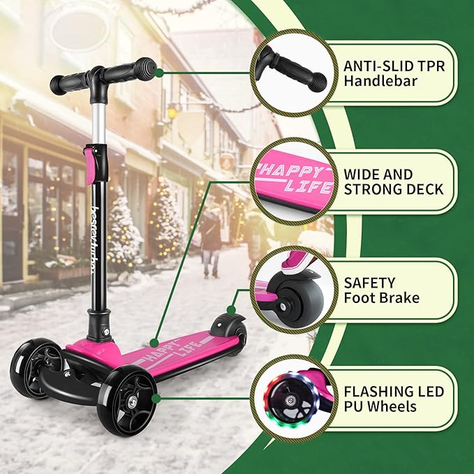 Besrey Kick Scooter for Kids Ages 3-10, 3-Wheel Folding Scooter with Adjustable Height, LED Light Wheels, Extra Wide Deck for Outdoor Activities-CubbioJoy