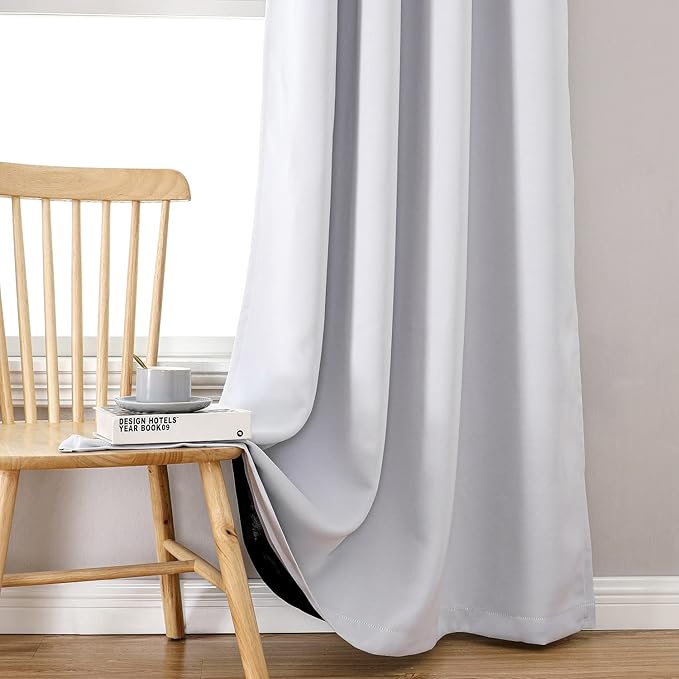 ChrisDowa 100% Blackout Curtains 80 inch Long for Bedroom with Black Liner, 2 Thick Layers Total Blackout Thermal Insulated Grommet Window Curtains 2 Panels Set (Greyish White, 52 x 80 Inch)-CubbioJoy