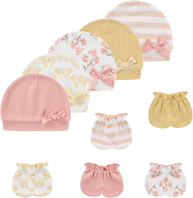 Baby Hat and Mittens Set Cotton Newborn Baby Hats Caps for Boys and Girls, 0-6 Months-CubbioJoy