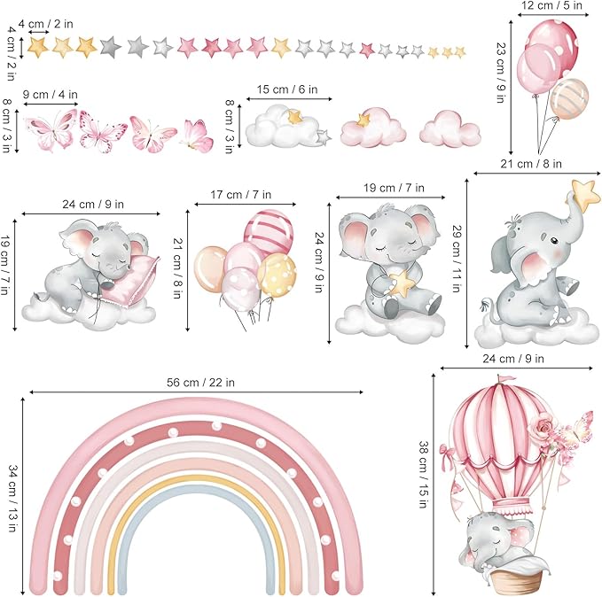 decalmile Pink Rainbow Elephant Wall Stickers Hot Air Balloon Animals Clouds Stars Wall Decals Baby Nursery Kids Bedroom Daycare Wall Decor-CubbioJoy