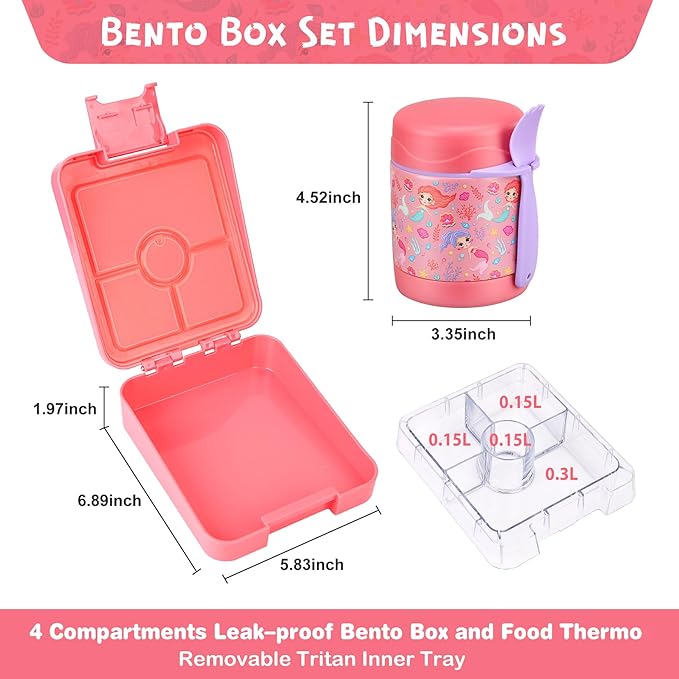 Bento Lunch Box Set With 10oz Soup Thermo, Leak-proof Lunch Containers with 4 Compartment, Kids Hot Thermo Food Jar/Insulation Lunch Bag, Food Containers for School（Mermaid）-CubbioJoy
