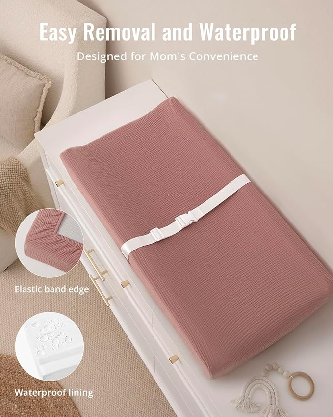 Blissful Diary Muslin Baby Changing Pad with Waterproof Lining Foam, Diaper Changing Table Pad with Cover for Dressers (Dusty Pink, Rectangular)-CubbioJoy
