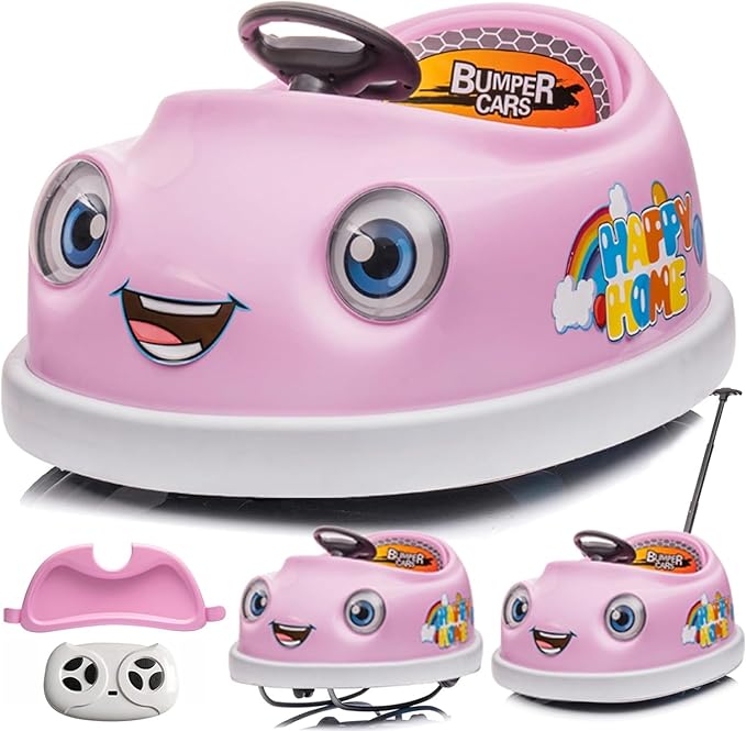 12V Dual Battery Electric Ride on Kids Bumper Car w/Remote Control,360 Degree Spin,Push Rod Rocker Horse Function,3-Speeds Babies & Toddlers Bumping Car Ride on Toy Gift for 1-4 Years Children (Pink)-CubbioJoy