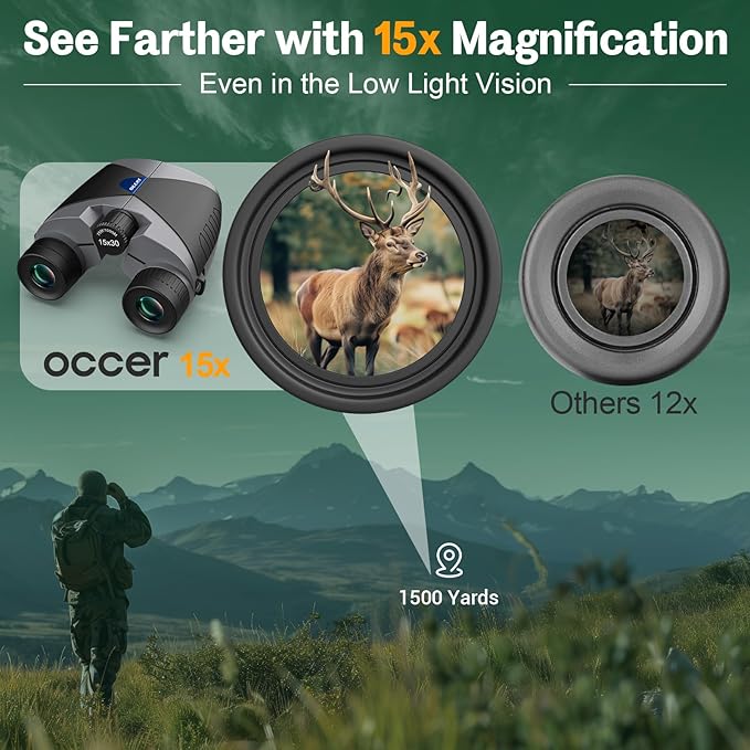 15x30 Compact Binoculars for Adults and Kids - Occer Large View High Powered Binoculars for Bird Watching - Lightweight Easy Focus Binocular with Low Light Vision for Outdoor Hunting Travel - Black-CubbioJoy