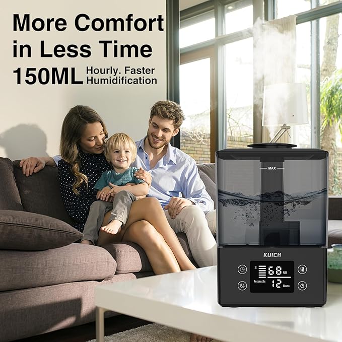 Air Humidifiers for Bedroom and Baby, Home & Plants - KUICH 2.4L Cool Mist Humidifiers for Nursery, 26db Quiet Top Fill Air Humidifier Lasts Up to 30 Hours, Auto Shut-Off, Easy to Fill and Clean,Black-CubbioJoy