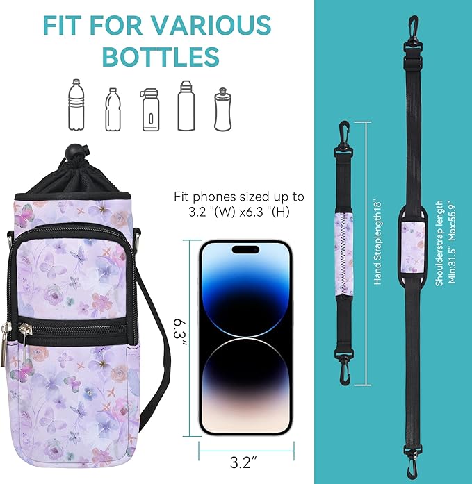 25/32/40/64oz Water Bottle Bag Holder Carrier-Insulated Crossbody Sling Case Sleeve with Strap & Pockets for Men Women Gym Cycling Travel Walking Hiking Camping-CubbioJoy